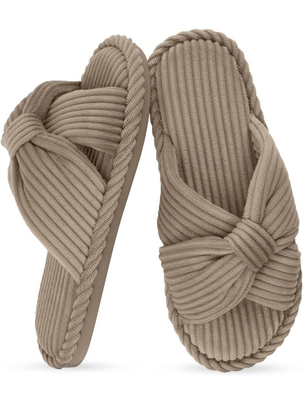 Women's Khaki Memory Foam Open Toe Corduroy Cross Bow Comfy Slip On Slipper